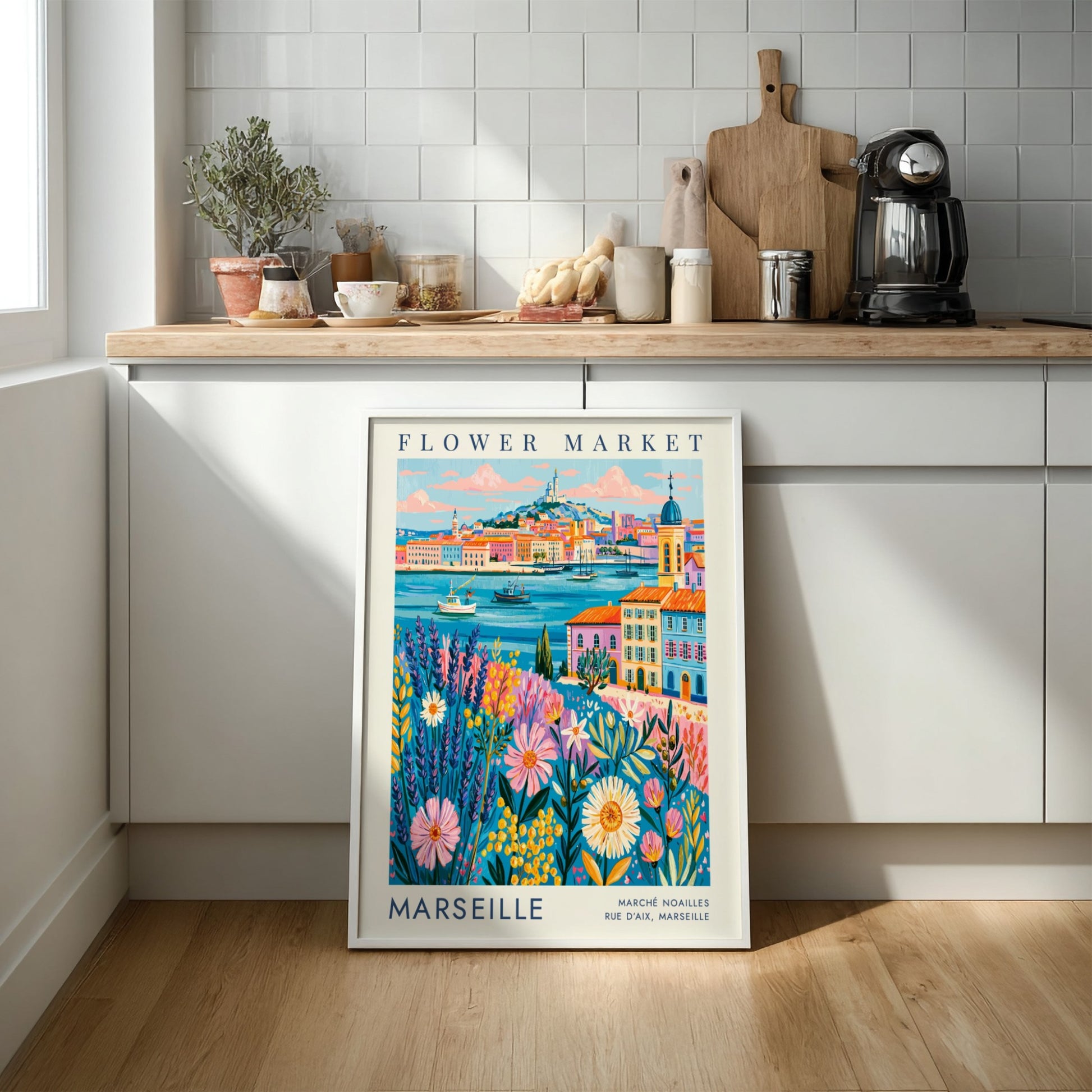 Flower market poster showcasing vibrant flowers and cityscape in Marseille