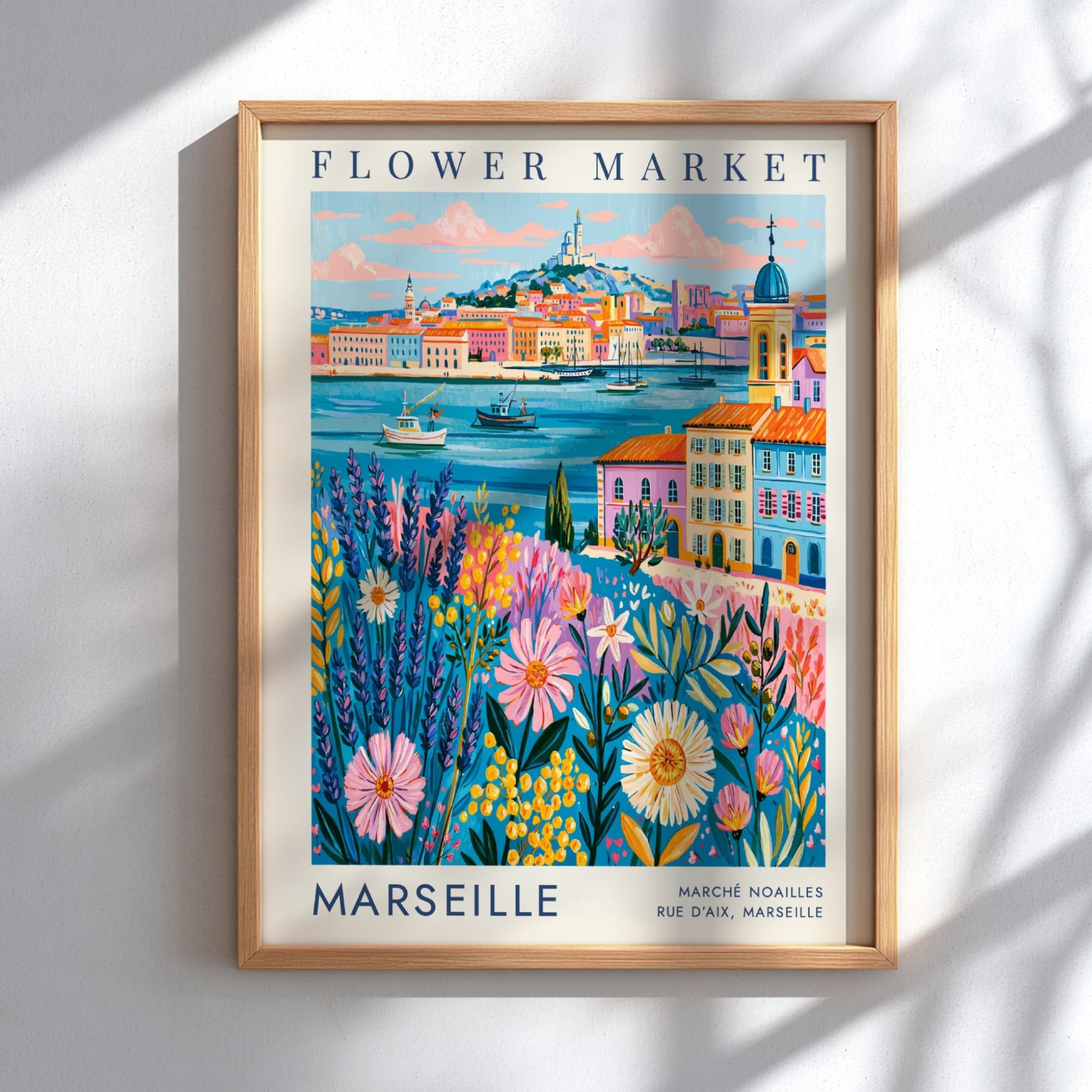 Flower market poster showcasing vibrant flowers and cityscape in Marseille