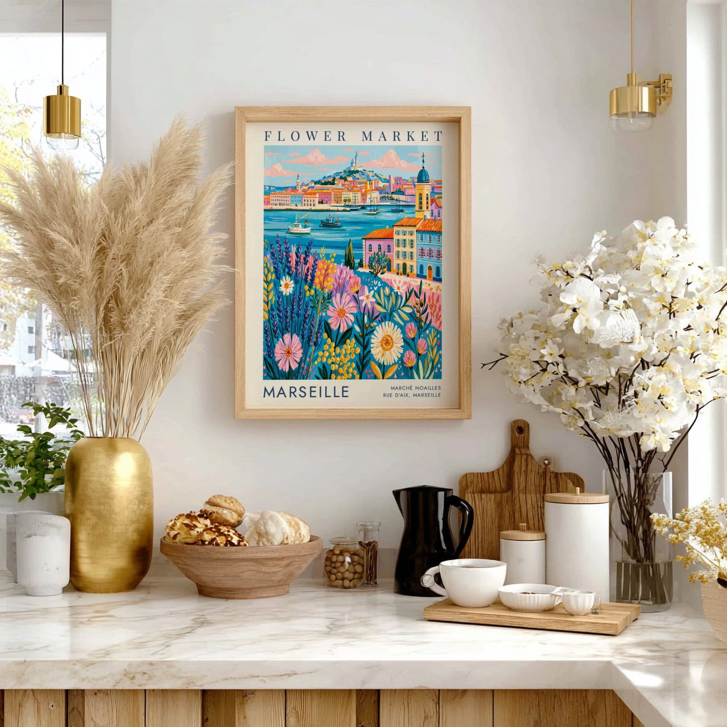 Flower market poster showcasing vibrant flowers and cityscape in Marseille
