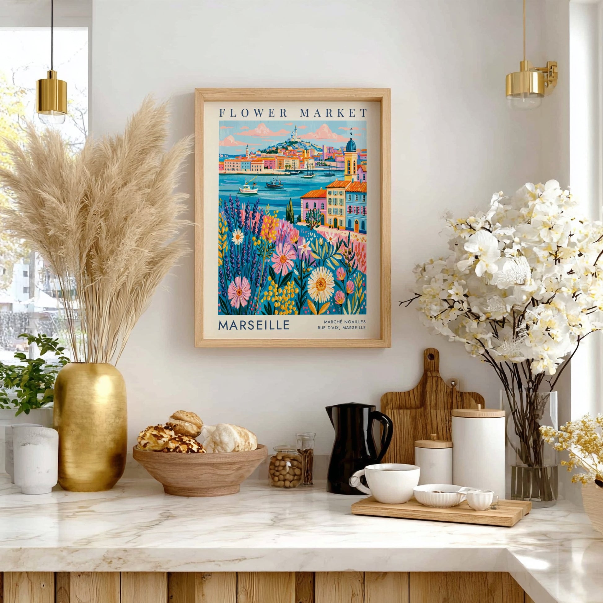 Flower market poster showcasing vibrant flowers and cityscape in Marseille