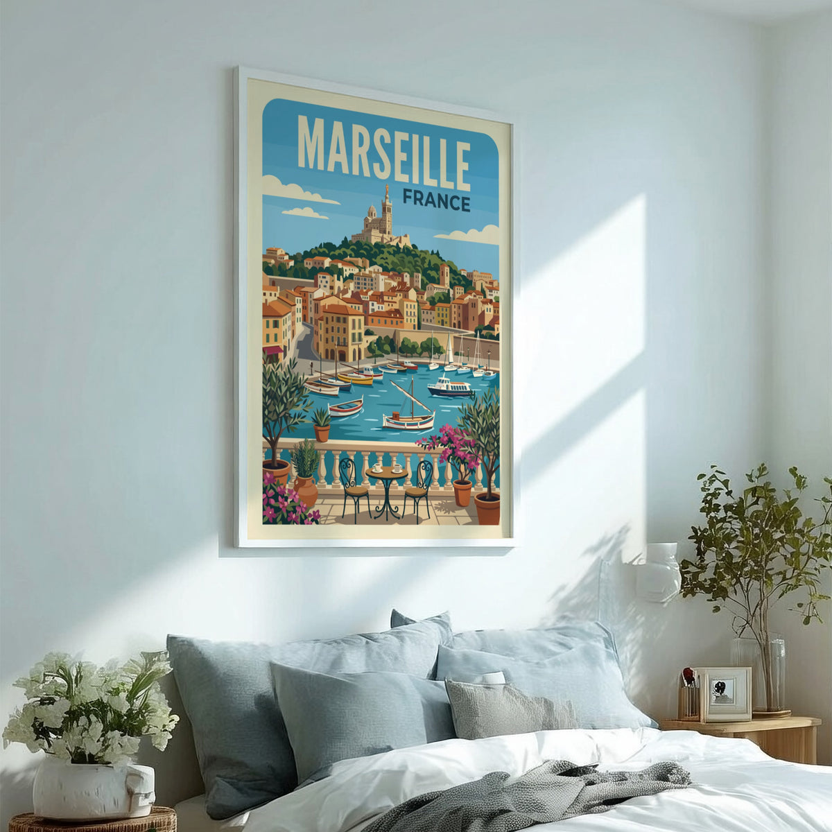 Marseille France travel poster featuring a Mediterranean harbour, sailboats, and a hilltop cathedral view.