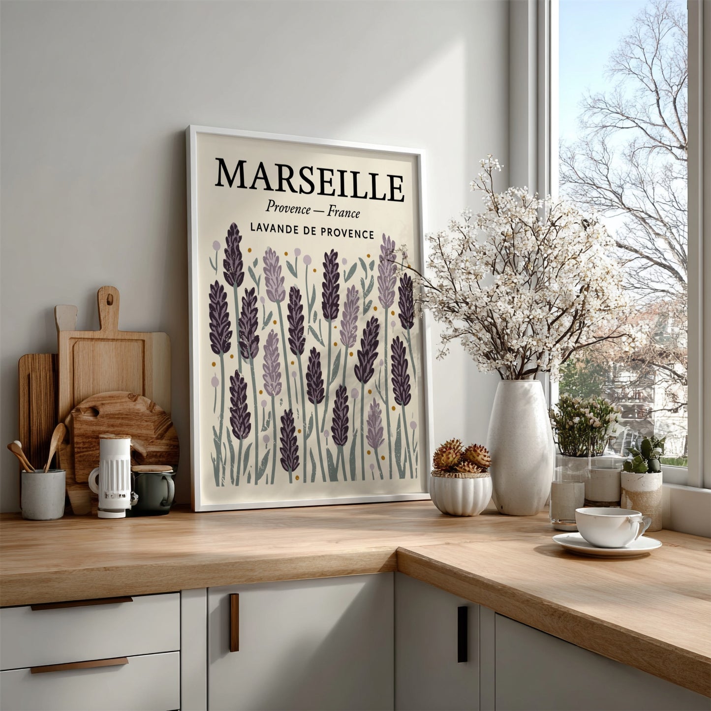 Lavender kitchen poster featuring purple flowers and green foliage, perfect for kitchen decor.