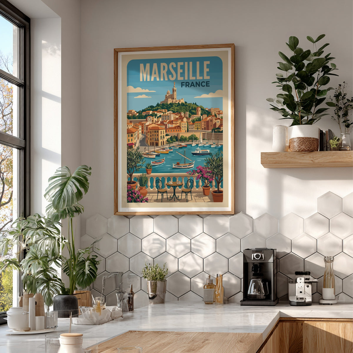 Marseille France travel poster featuring a Mediterranean harbour, sailboats, and a hilltop cathedral view.