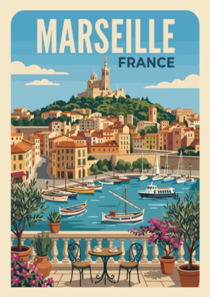 Marseille France travel poster featuring a Mediterranean harbour, sailboats, and a hilltop cathedral view.