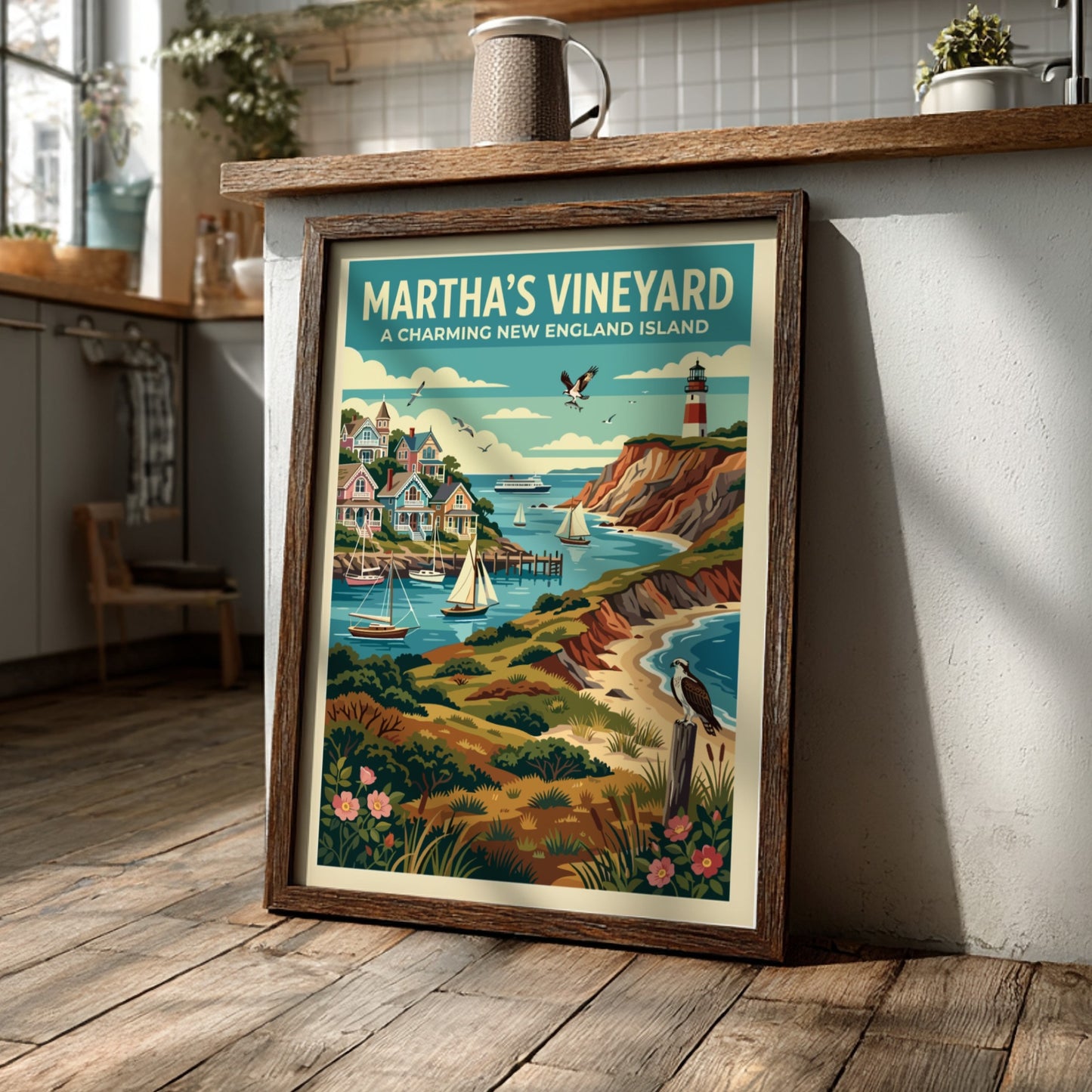 Travel poster featuring Martha's Vineyard with a lighthouse, coastal homes, sailboats, and birds.