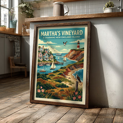 Travel poster featuring Martha's Vineyard with a lighthouse, coastal homes, sailboats, and birds.