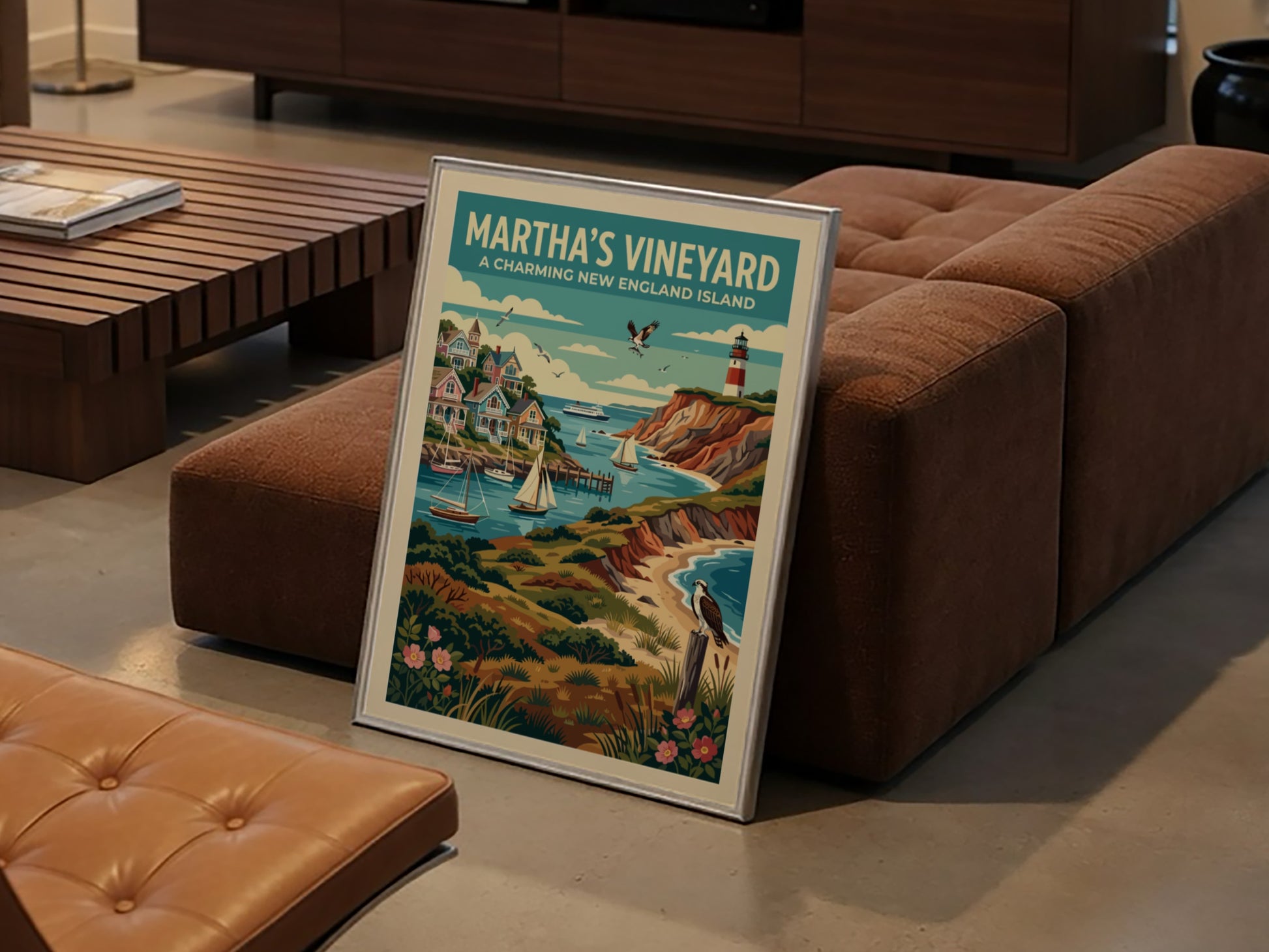 Travel poster featuring Martha's Vineyard with a lighthouse, coastal homes, sailboats, and birds.