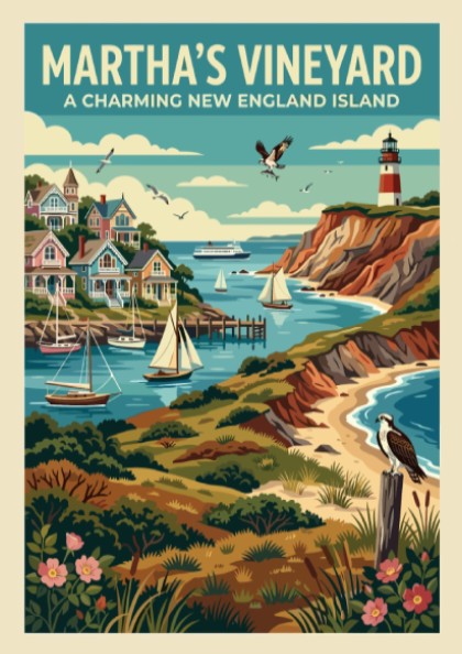Travel poster featuring Martha's Vineyard with a lighthouse, coastal homes, sailboats, and birds.