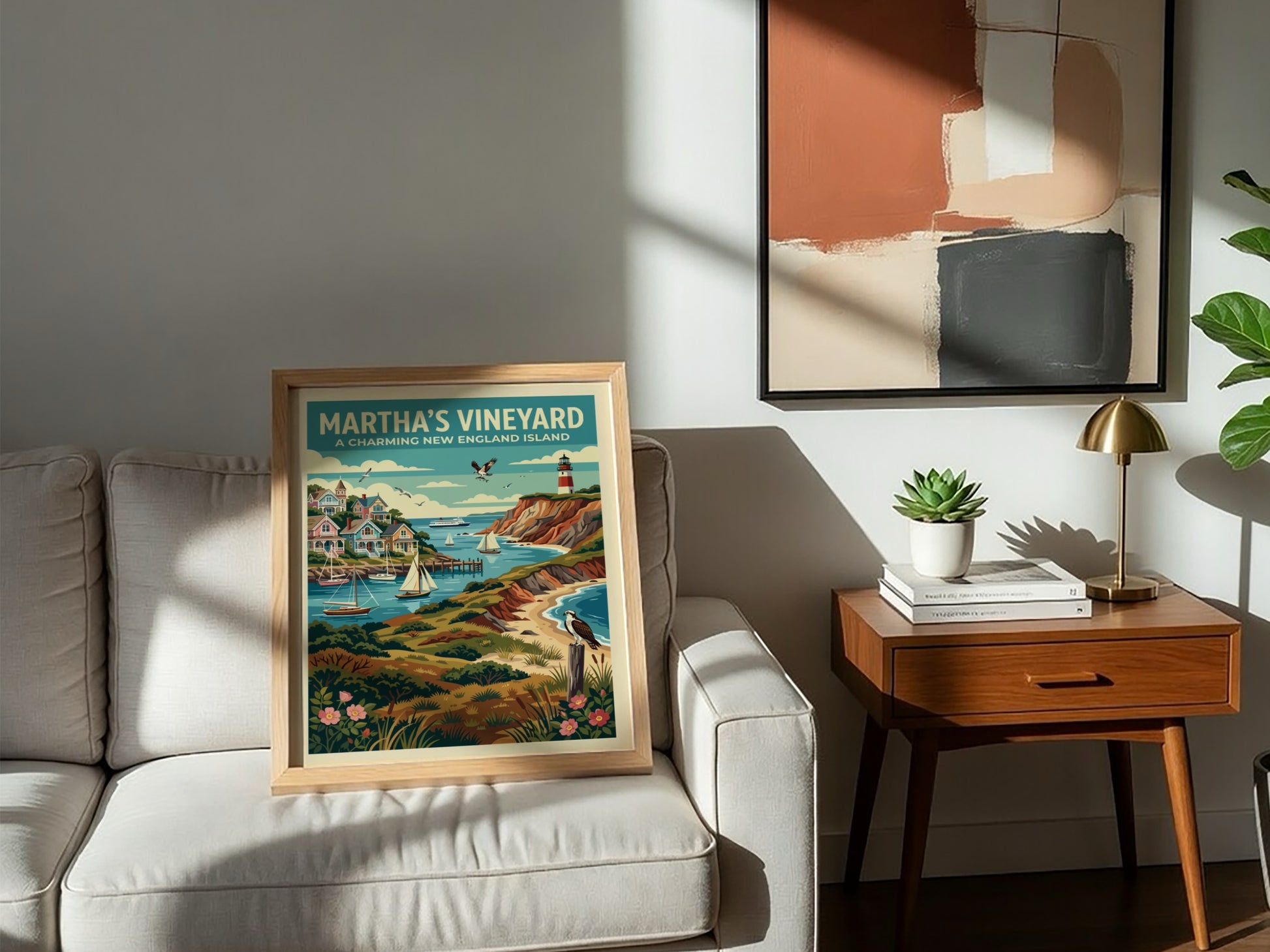 Travel poster featuring Martha's Vineyard with a lighthouse, coastal homes, sailboats, and birds.