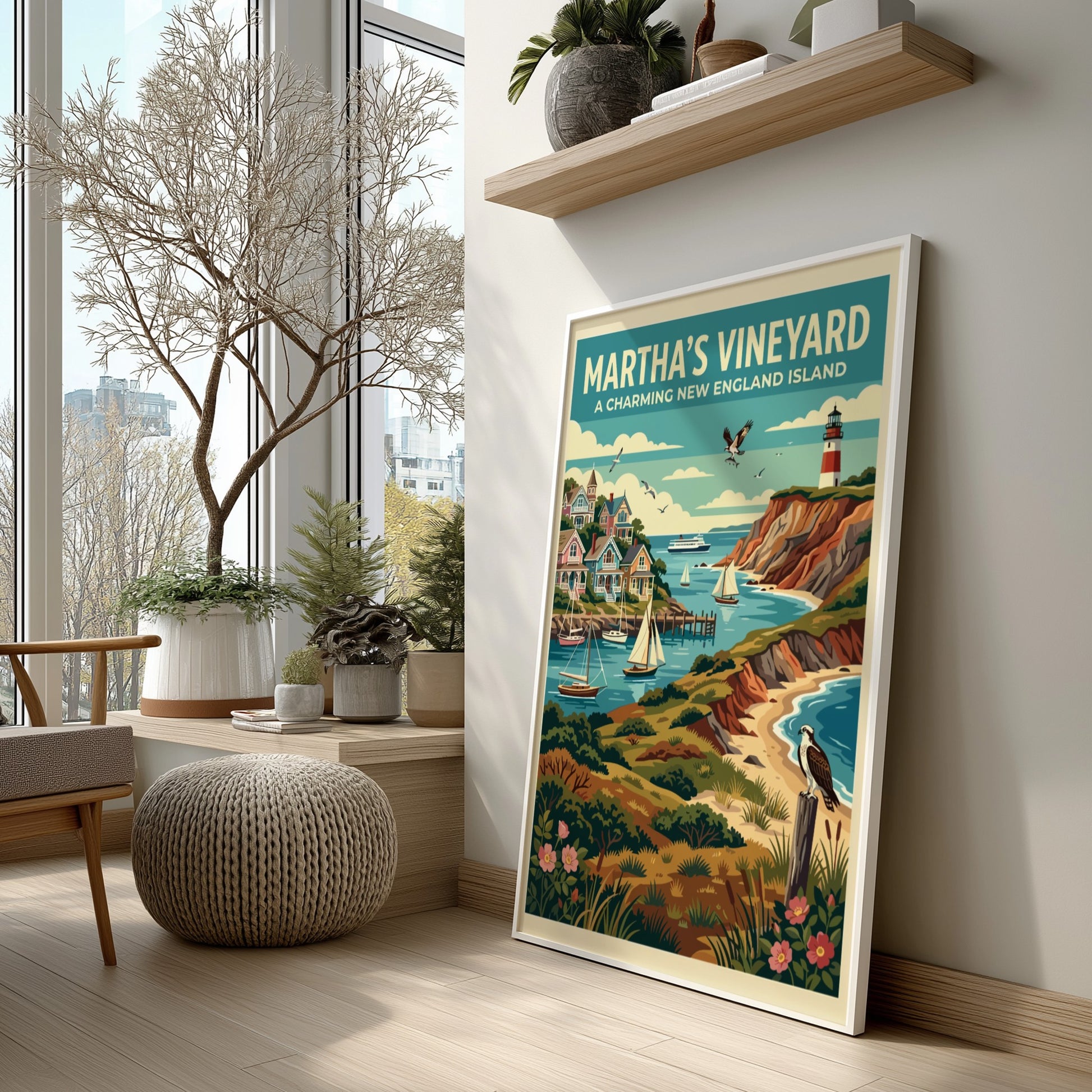 Travel poster featuring Martha's Vineyard with a lighthouse, coastal homes, sailboats, and birds.