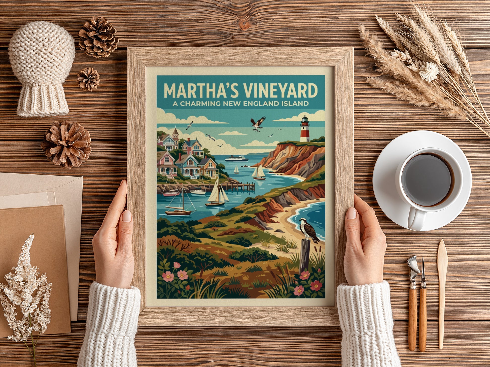 Travel poster featuring Martha's Vineyard with a lighthouse, coastal homes, sailboats, and birds.