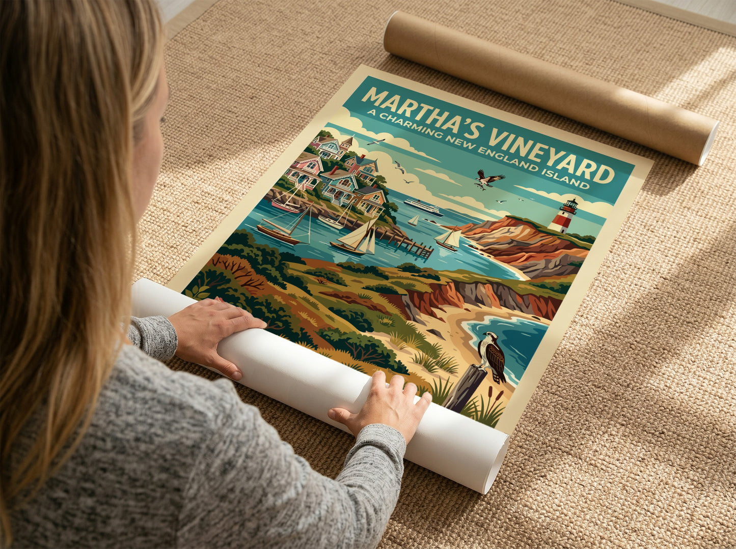 Travel poster featuring Martha's Vineyard with a lighthouse, coastal homes, sailboats, and birds.