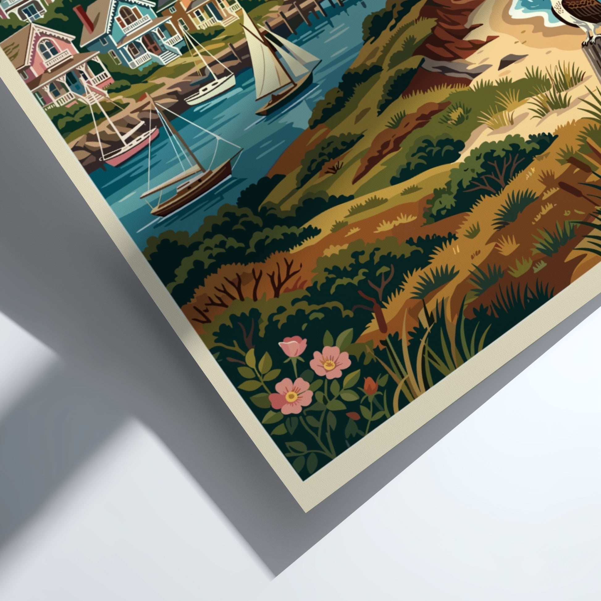 Travel poster featuring Martha's Vineyard with a lighthouse, coastal homes, sailboats, and birds.