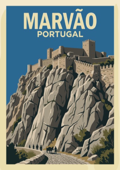 Poster featuring a vintage illustration of the stone Marvão castle on a cliff.