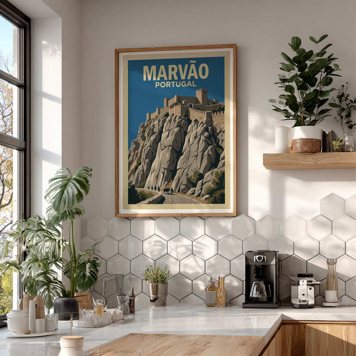 Poster featuring a vintage illustration of the stone Marvão castle on a cliff.