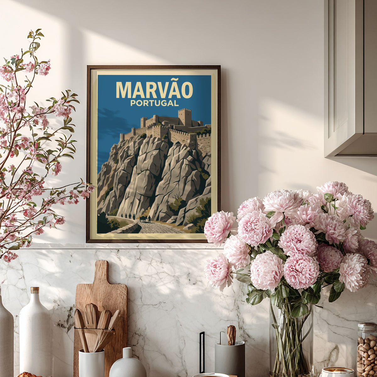 Poster featuring a vintage illustration of the stone Marvão castle on a cliff.