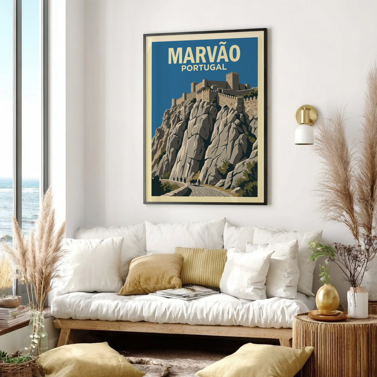 Poster featuring a vintage illustration of the stone Marvão castle on a cliff.