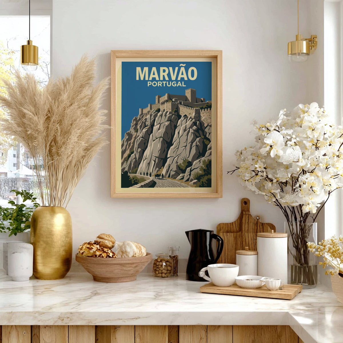 Poster featuring a vintage illustration of the stone Marvão castle on a cliff.