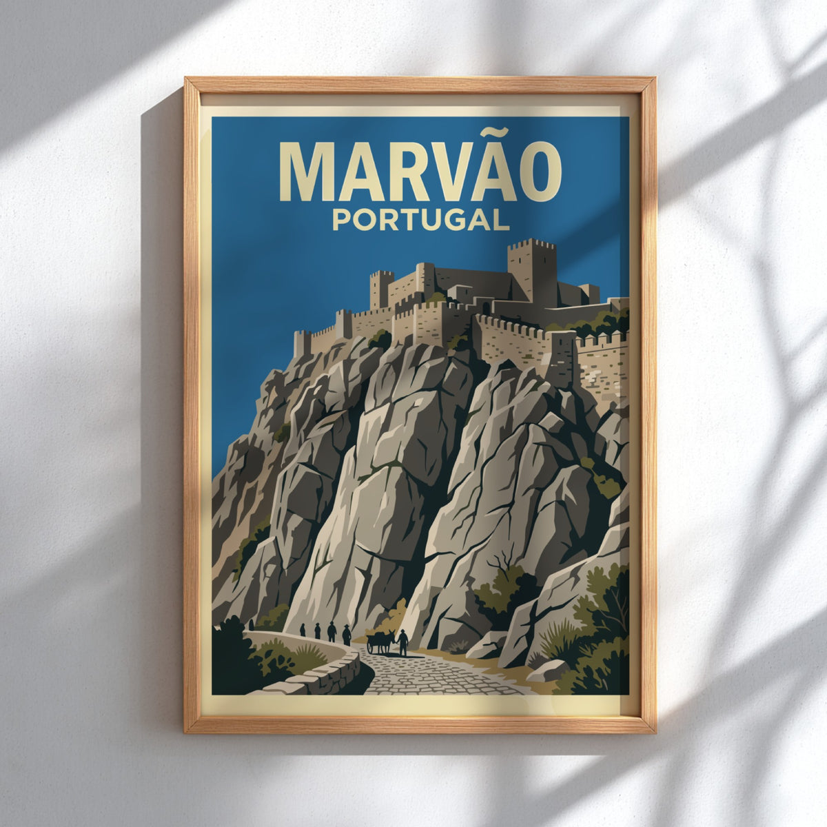 Poster featuring a vintage illustration of the stone Marvão castle on a cliff.