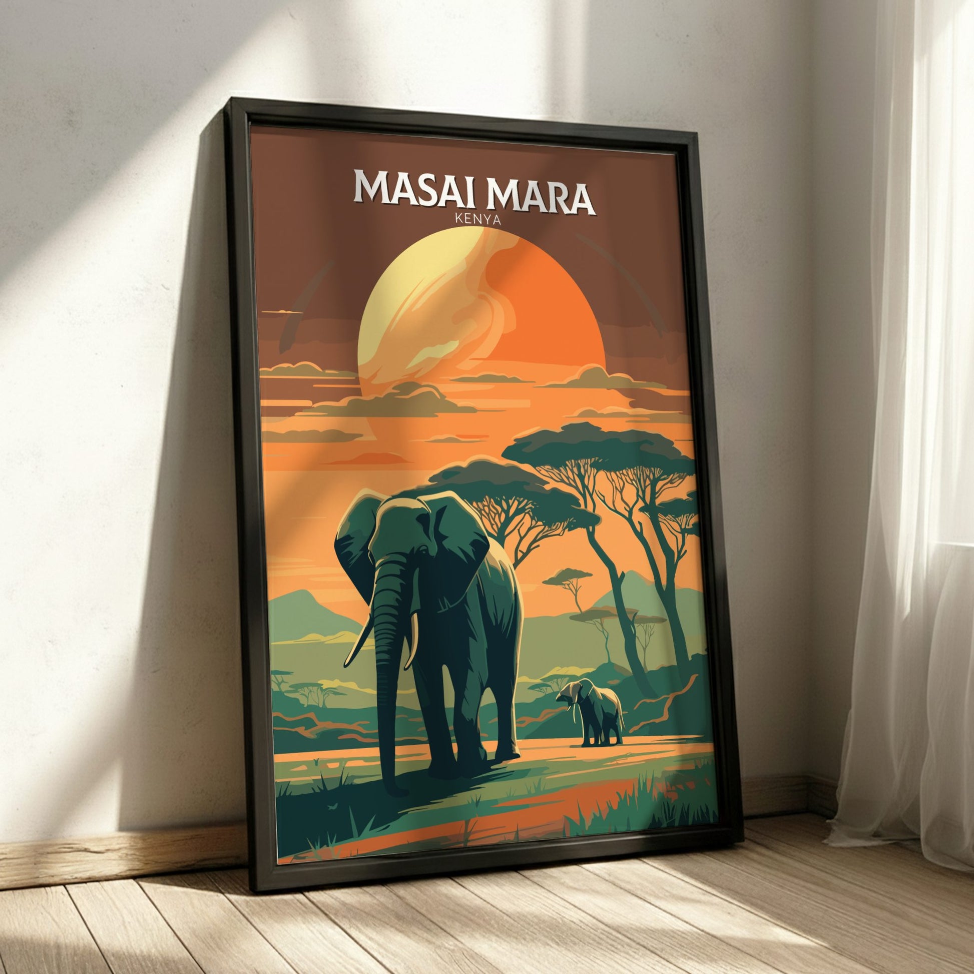 Framed poster of an elephant and calf in a savanna with 'Masai Mara Kenya' text.