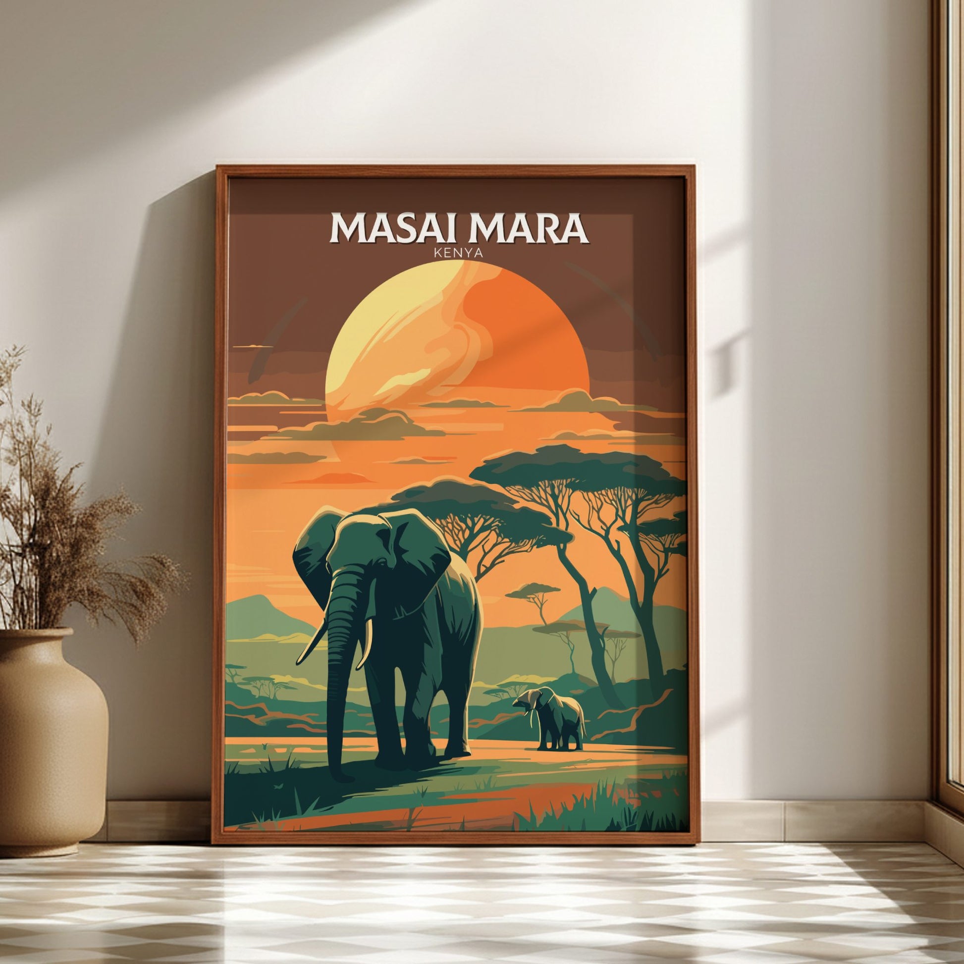 Framed artwork of an elephant and calf in a savanna with 'Masai Mara Kenya' text.