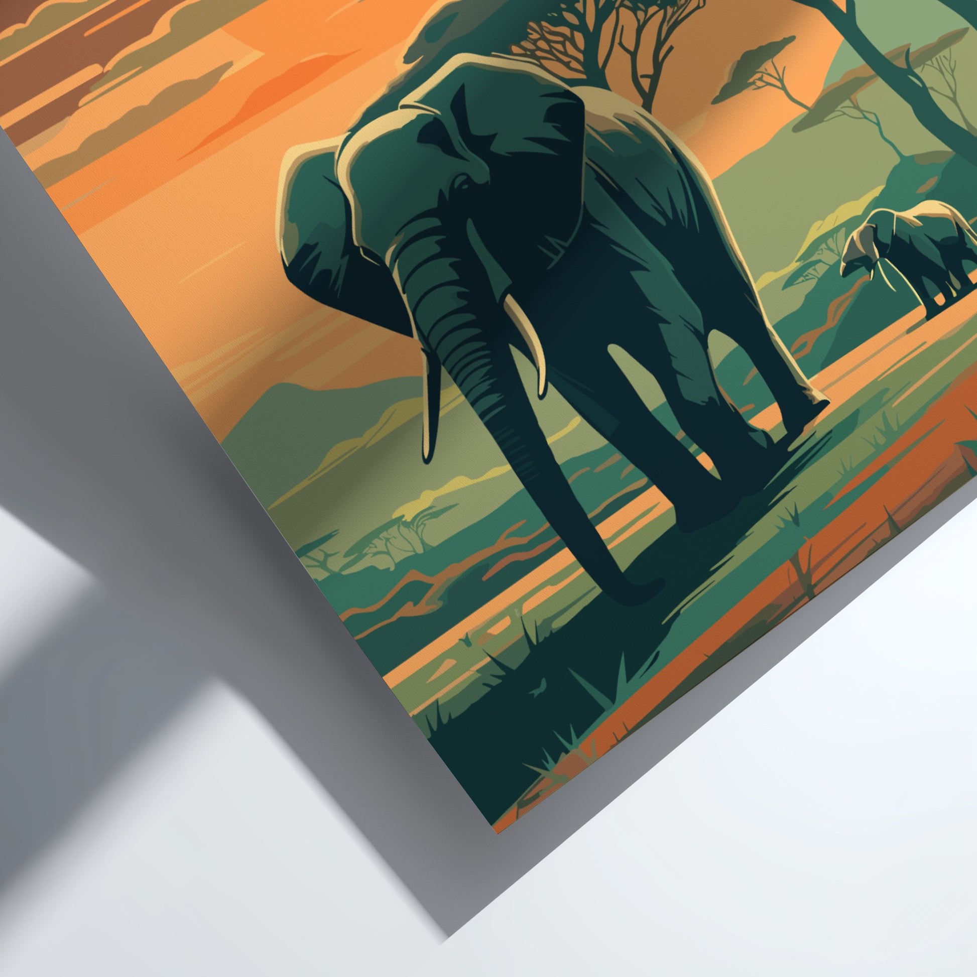 Illustration of an elephant in a natural landscape with warm colors
