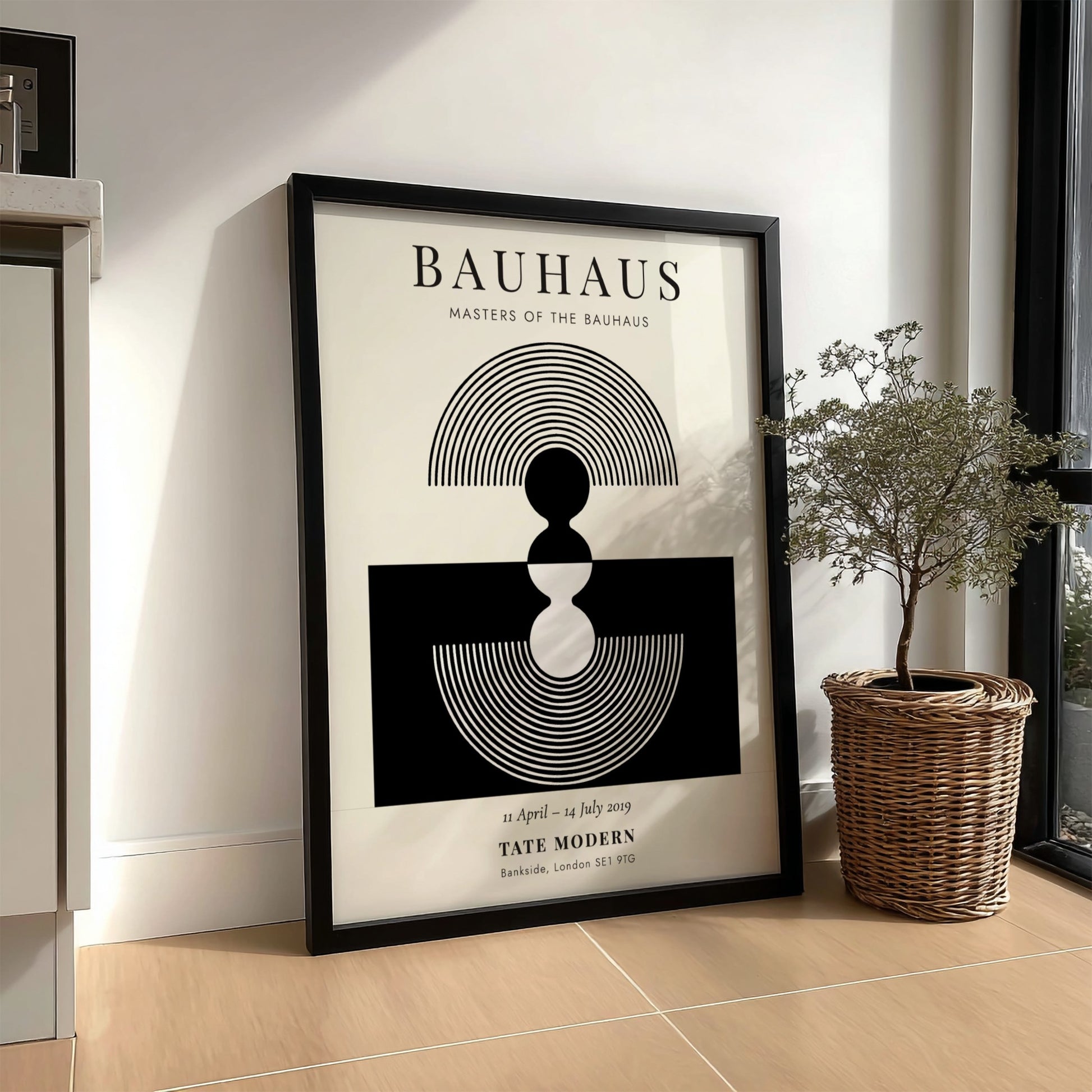 Bauhaus poster showcasing geometric shapes in black and white, modern graphic design for wall decor