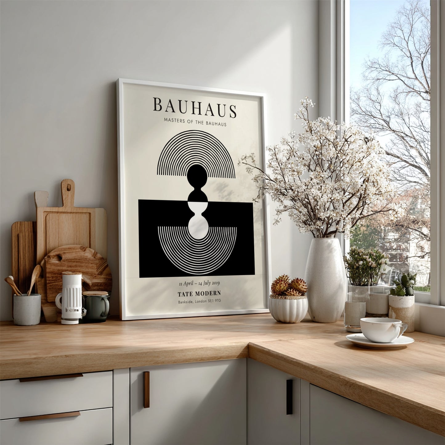 Bauhaus poster showcasing geometric shapes in black and white, modern graphic design for wall decor