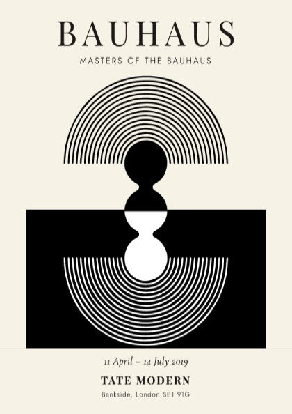 Bauhaus poster showcasing geometric shapes in black and white, modern graphic design for wall decor