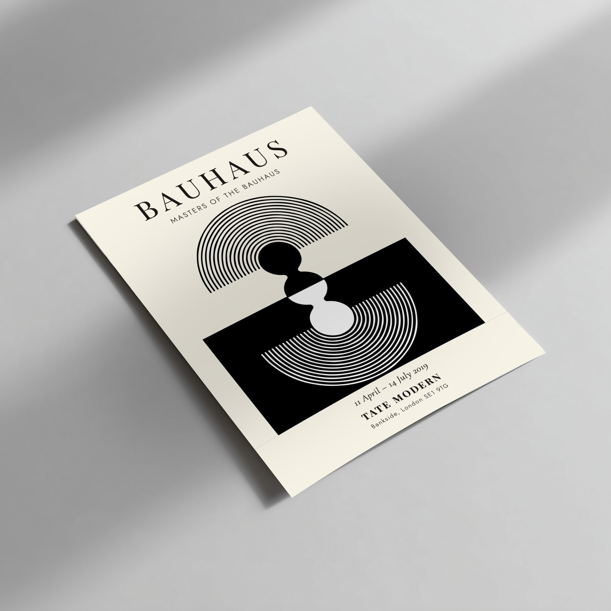Bauhaus poster showcasing geometric shapes in black and white, modern graphic design for wall decor