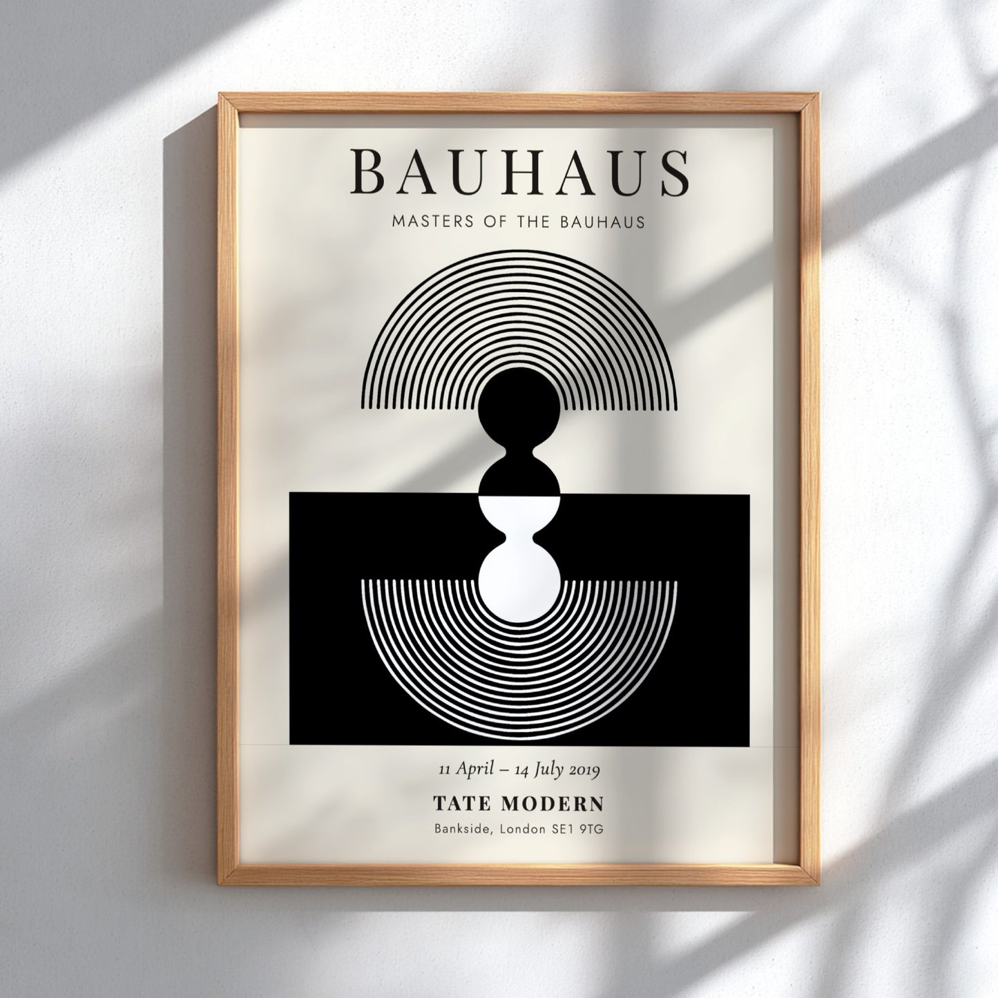 Bauhaus poster showcasing geometric shapes in black and white, modern graphic design for wall decor