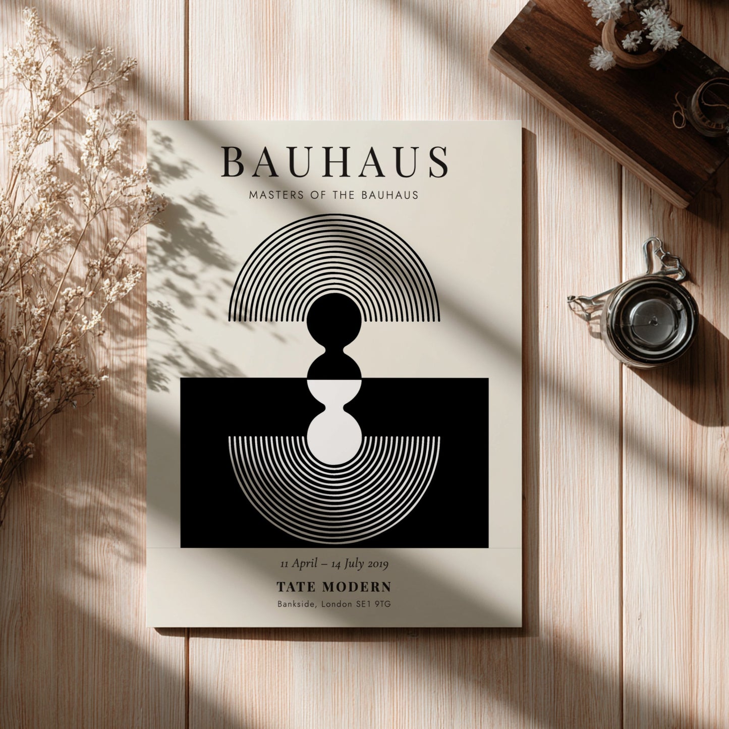 Bauhaus poster showcasing geometric shapes in black and white, modern graphic design for wall decor