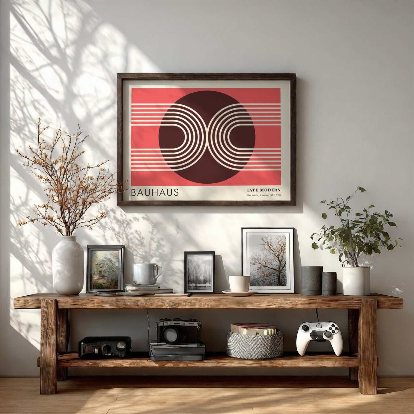 Bauhaus Tate Modern poster featuring geometric white lines and circular shapes on red.