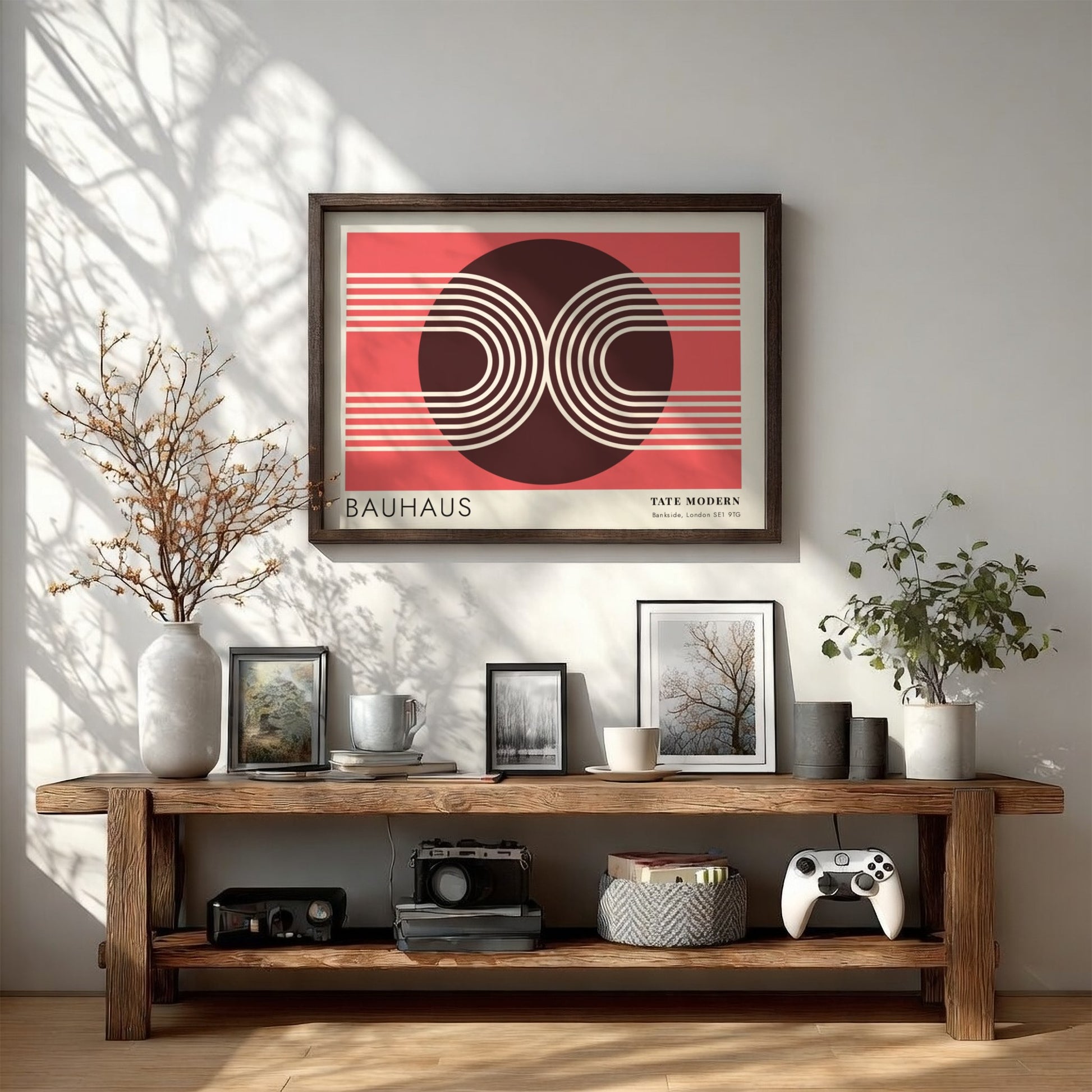 Bauhaus Tate Modern poster featuring geometric white lines and circular shapes on red.