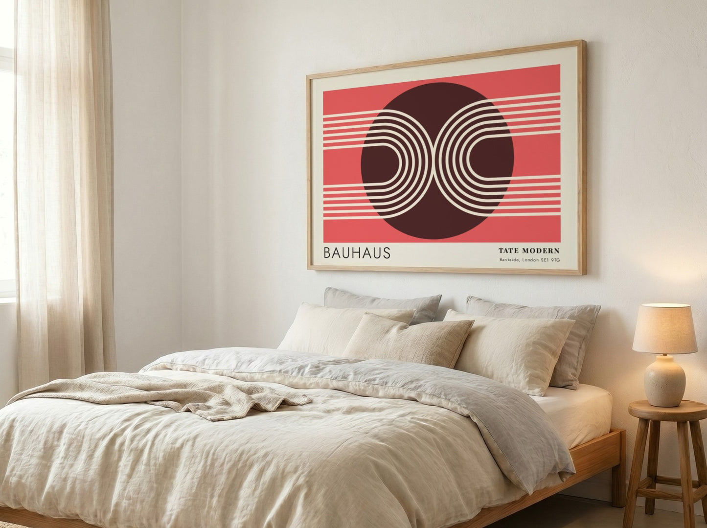 Bauhaus Tate Modern poster featuring geometric white lines and circular shapes on red.