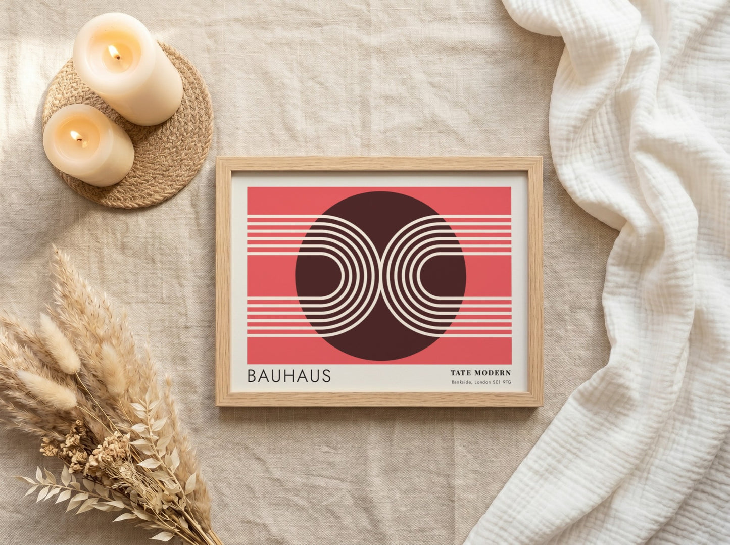 Bauhaus Tate Modern poster featuring geometric white lines and circular shapes on red.