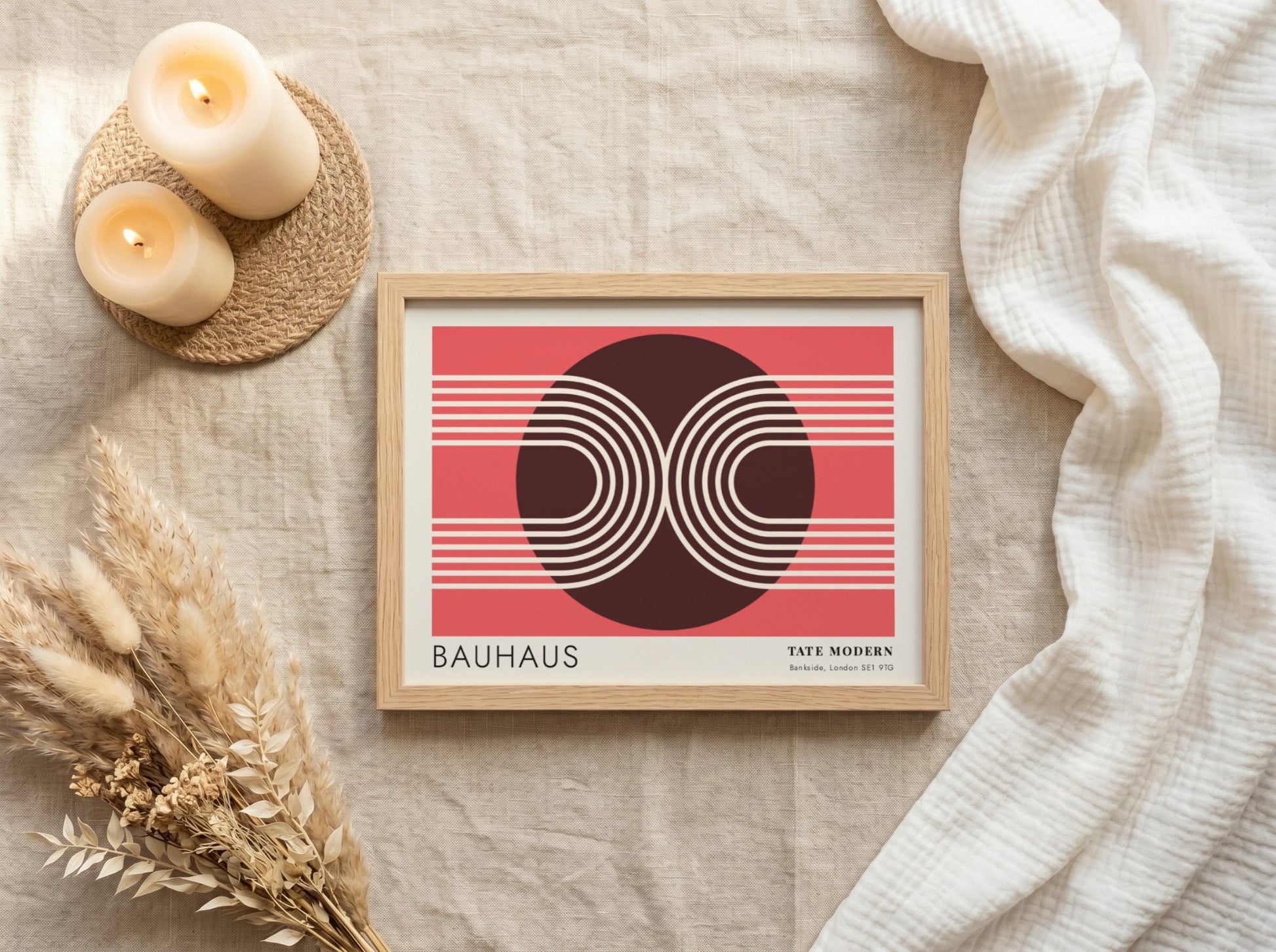 Bauhaus Tate Modern poster featuring geometric white lines and circular shapes on red.