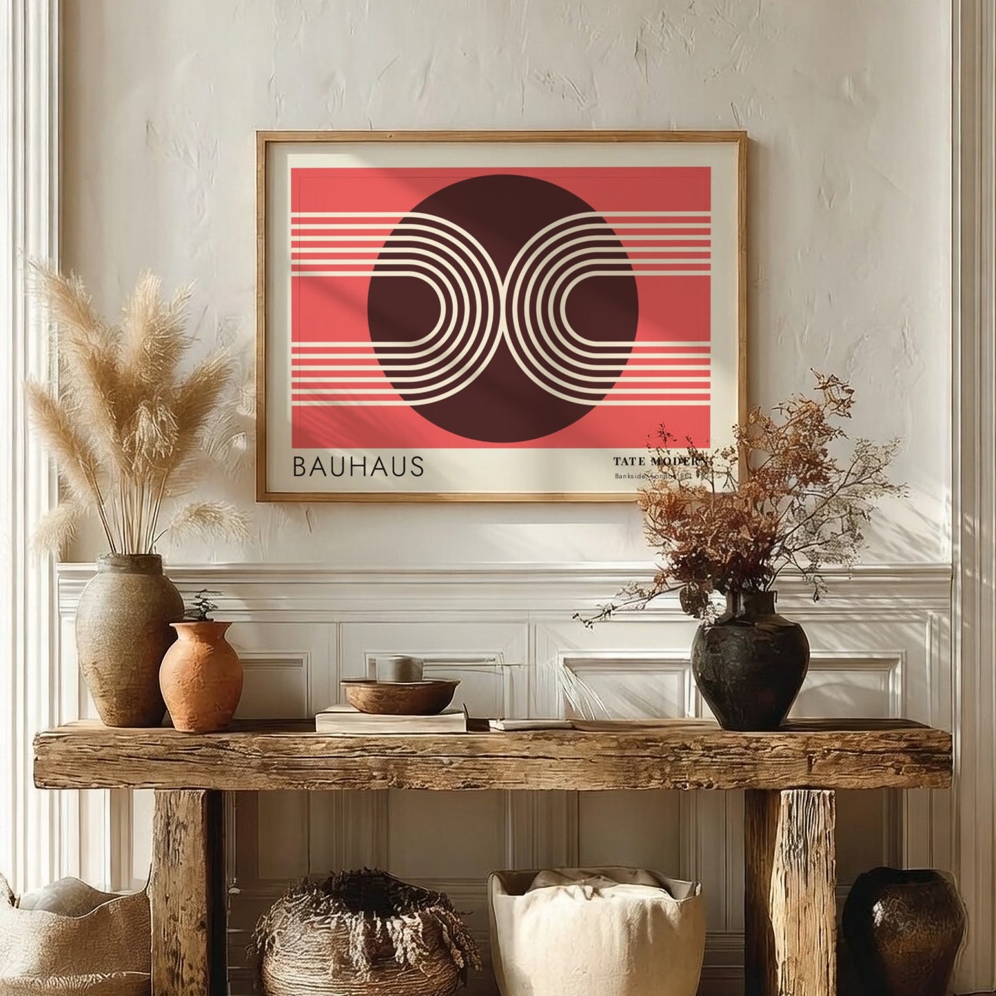 Bauhaus Tate Modern poster featuring geometric white lines and circular shapes on red.