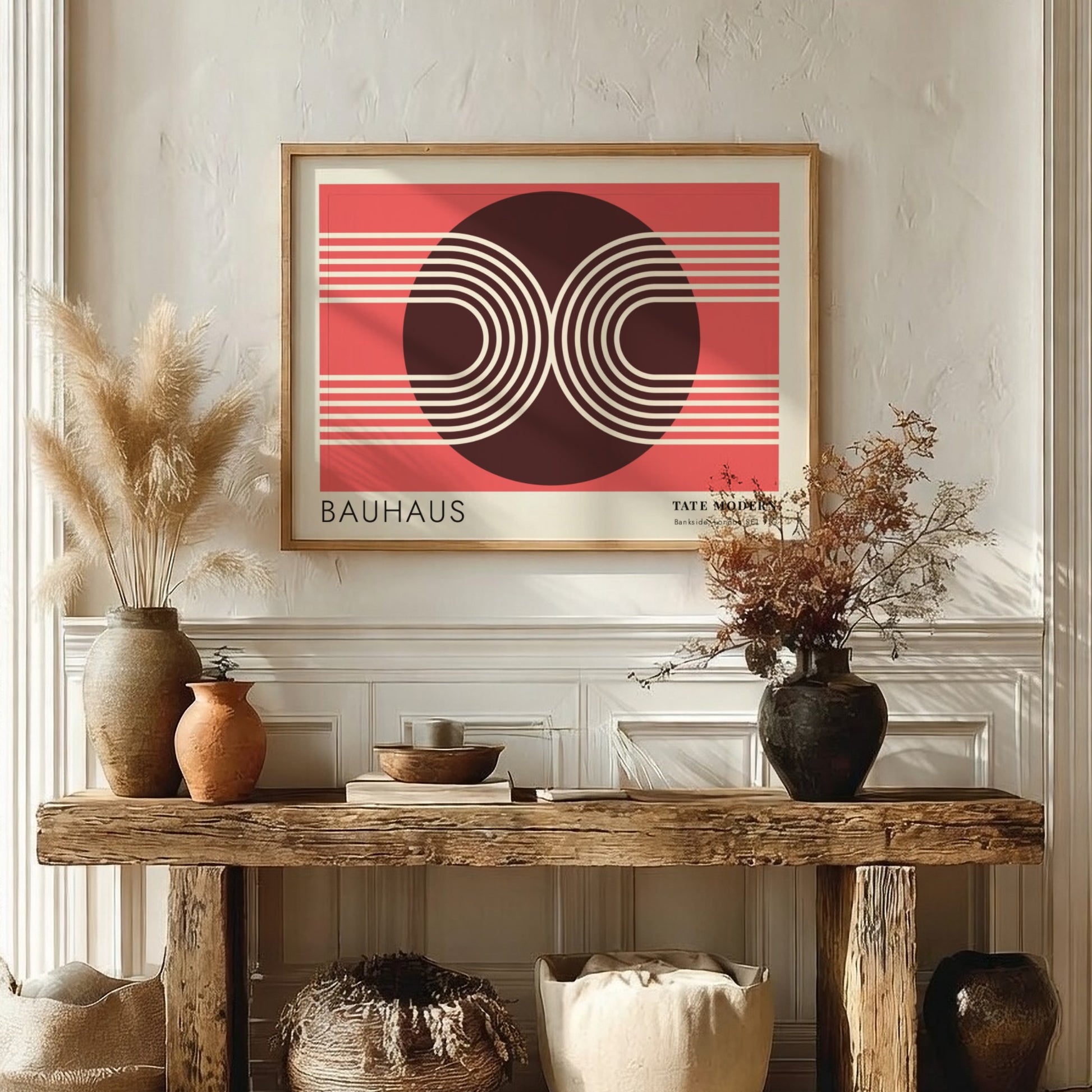 Bauhaus Tate Modern poster featuring geometric white lines and circular shapes on red.