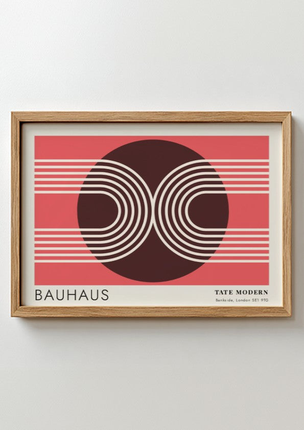 Bauhaus Tate Modern poster featuring geometric white lines and circular shapes on red.