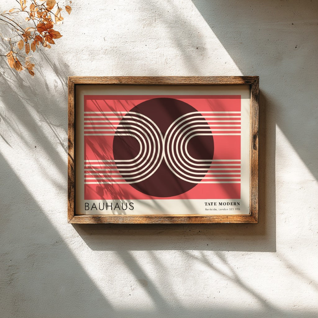 Bauhaus Tate Modern poster featuring geometric white lines and circular shapes on red.