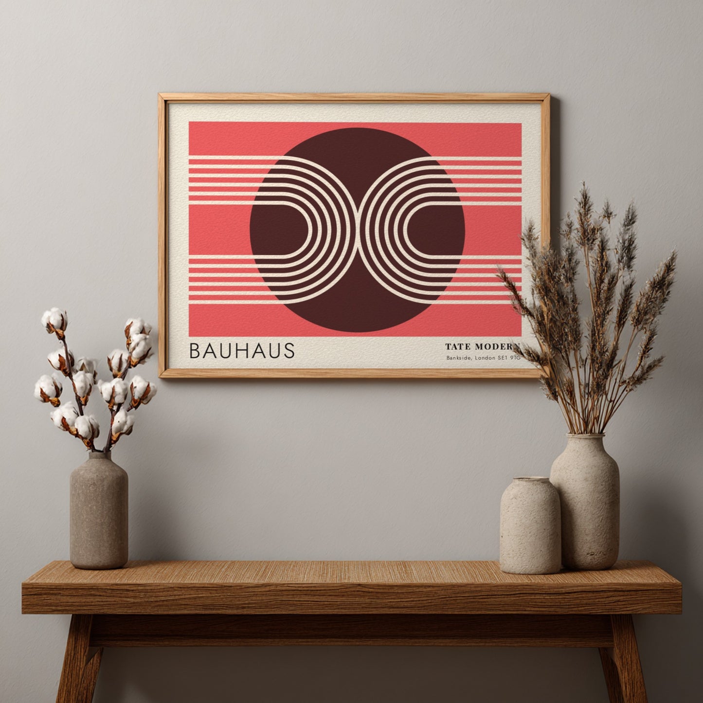 Bauhaus Tate Modern poster featuring geometric white lines and circular shapes on red.