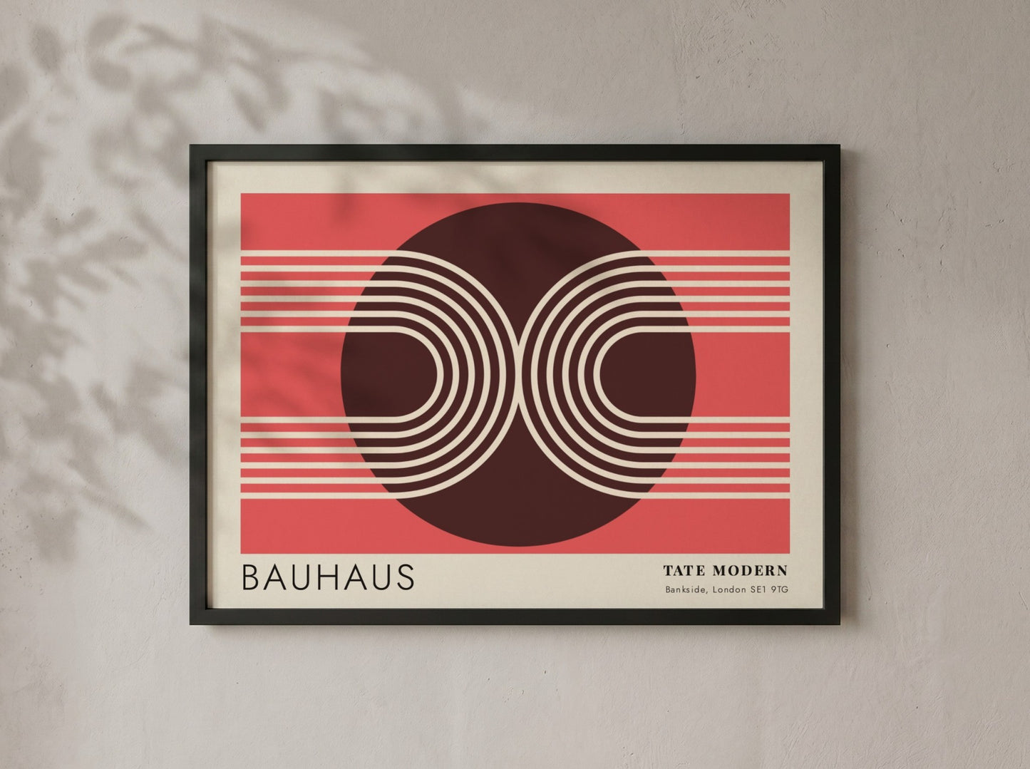 Bauhaus Tate Modern poster featuring geometric white lines and circular shapes on red.