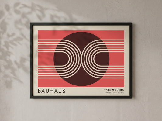 Bauhaus Tate Modern poster featuring geometric white lines and circular shapes on red.