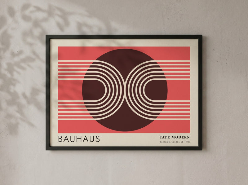 Bauhaus Tate Modern poster featuring geometric white lines and circular shapes on red.
