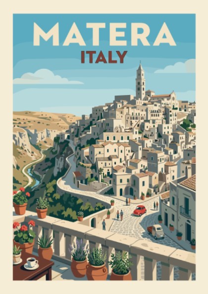 Vintage travel poster of Matera, Italy, showcasing its historic hillside architecture in a retro style.