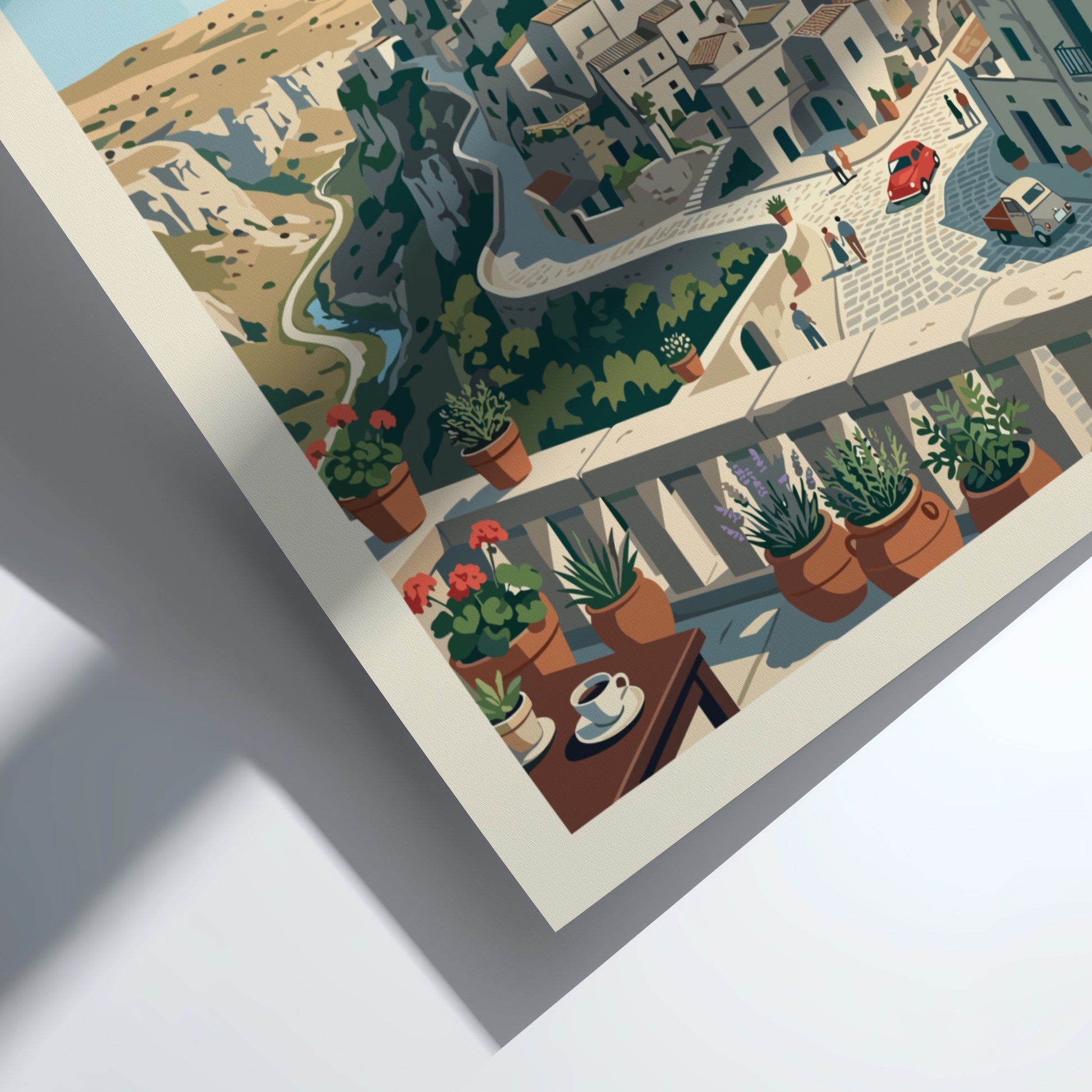 Vintage travel poster of Matera, Italy, showcasing its historic hillside architecture in a retro style.