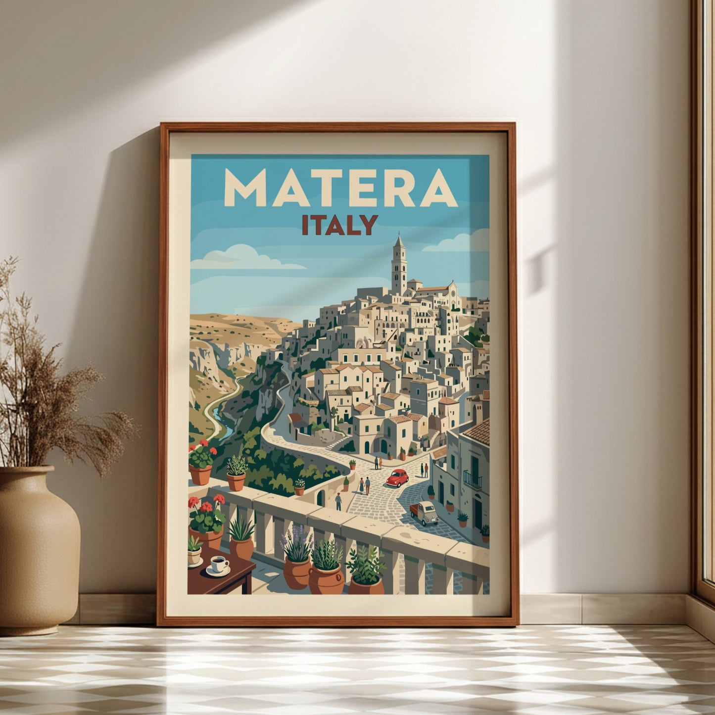 Vintage travel poster of Matera, Italy, showcasing its historic hillside architecture in a retro style.