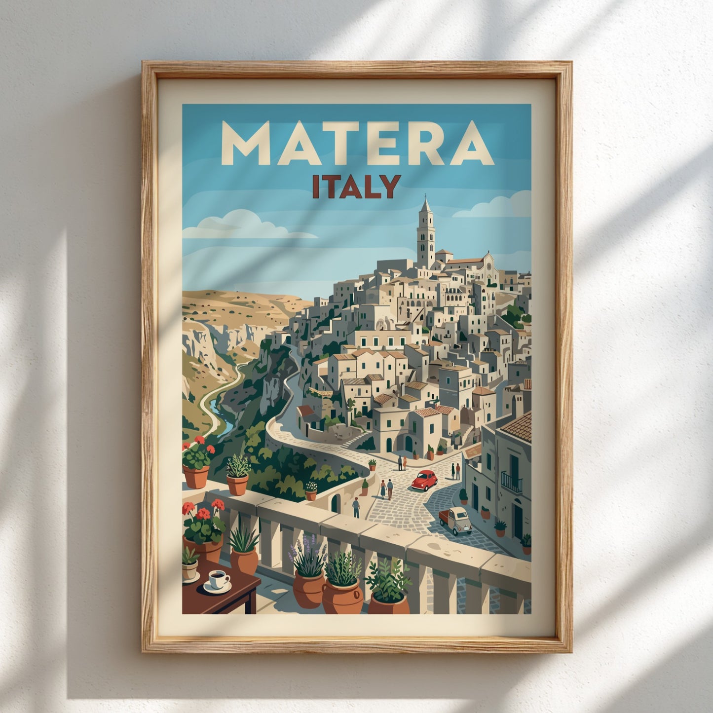 Vintage travel poster of Matera, Italy, showcasing its historic hillside architecture in a retro style.