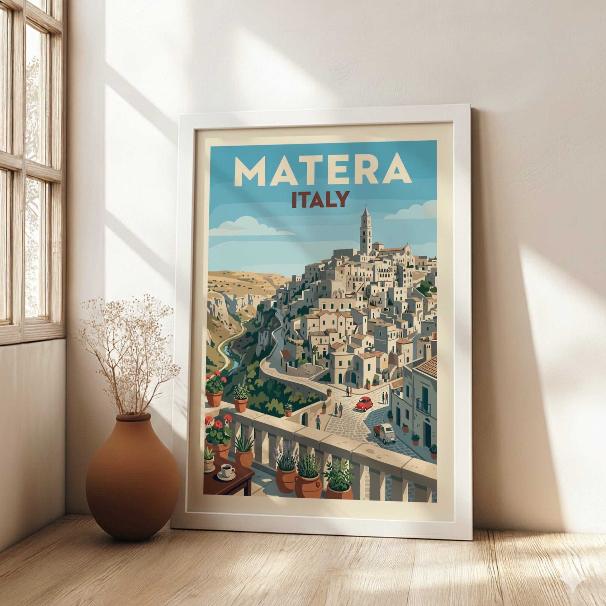 Vintage travel poster of Matera, Italy, showcasing its historic hillside architecture in a retro style.
